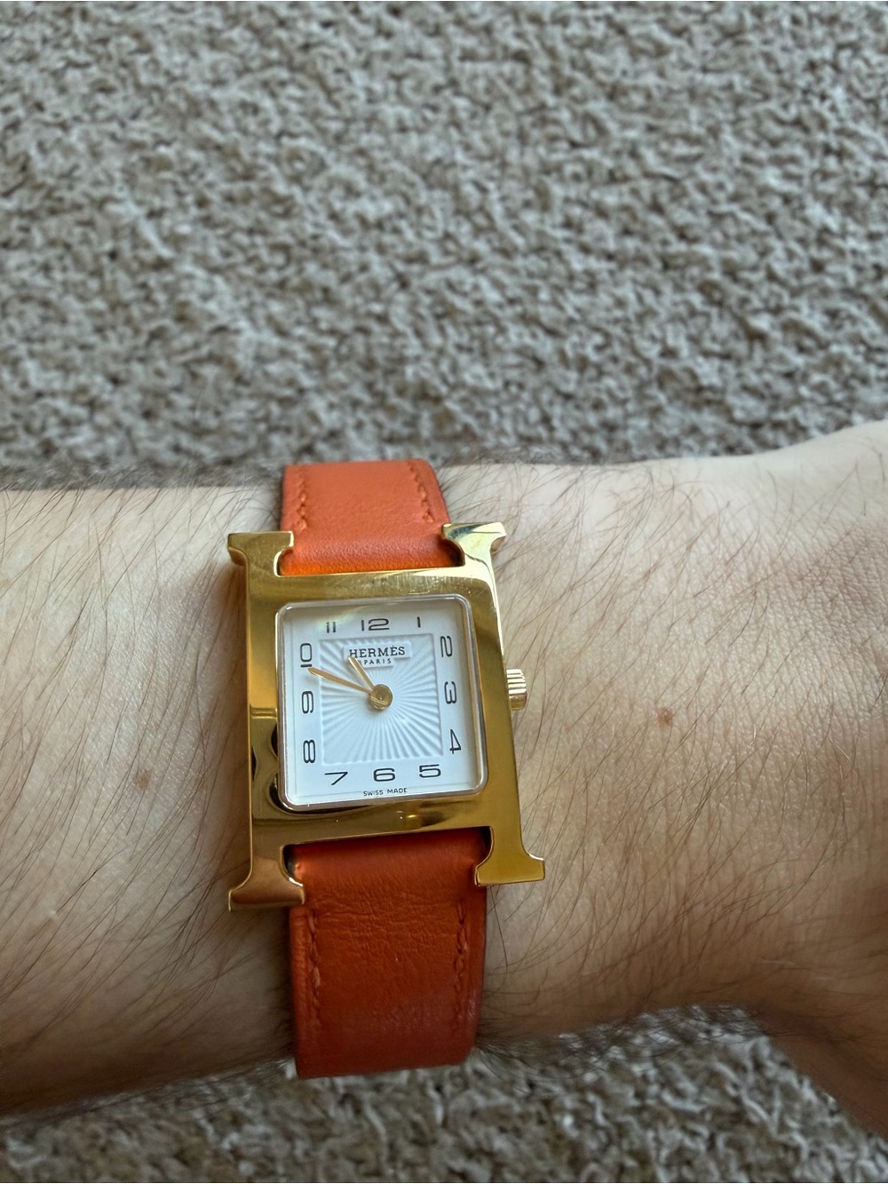 Hermes Orange Leather Strap Gold Heure H Watch